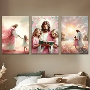 Christian 3-Piece Framed Pine Wood Wall Art Set, Artistic Jesus & Little Girl Dancing/Reading Prints, Easter Home Decor & Holiday Gifts
