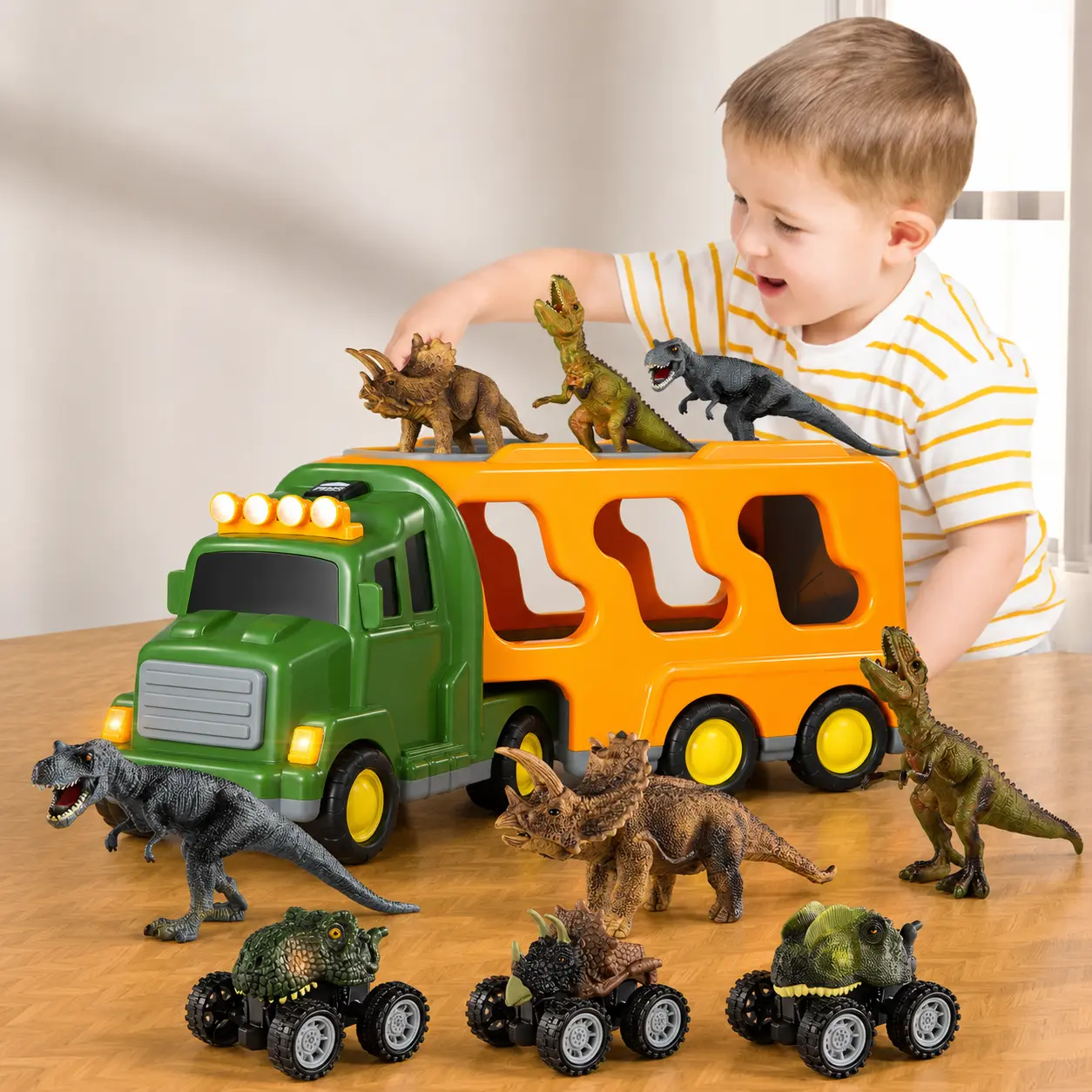 Kids Dinosaur Animal Transport Truck Toy for Children Ages 3–6,Complete Playset Contains 3 Realistic Dinosaur Figures and 3 Dinosaur Themed Mini Trucks,Perfect Birthday&Holiday Gift for Children,Spark Dinosaur Imagination While Calming Kids'Irritable Mood