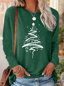 Women's Christmas Tree Print Drop Shoulder Fitted T-shirt, Casual Long Sleeve Round Neck Pullover for Fall & Winter, Ladies Clothes for Daily Wear