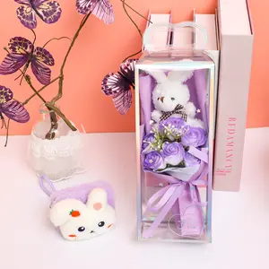 Beautiful Artificial Scented Flower Bouquet and Plush Cute Rabbit Mirror Set, Perfect for Valentine's Day Easter Mother's Day Gift Flower Gift Box