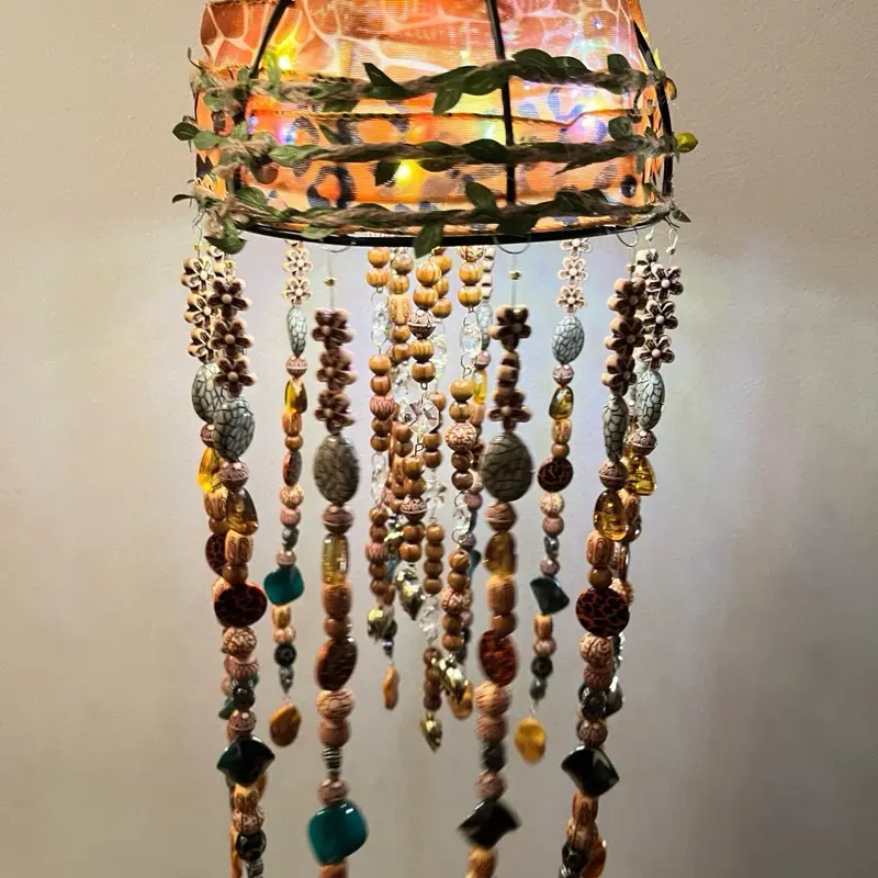 Safari Beaded Lighted Chandelier with Leopard Print Top and Colorful Beads Hanging Down
