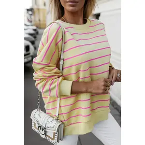 Yellow Striped Overlap Detail Drop Shoulder Pullover Sweatshirt