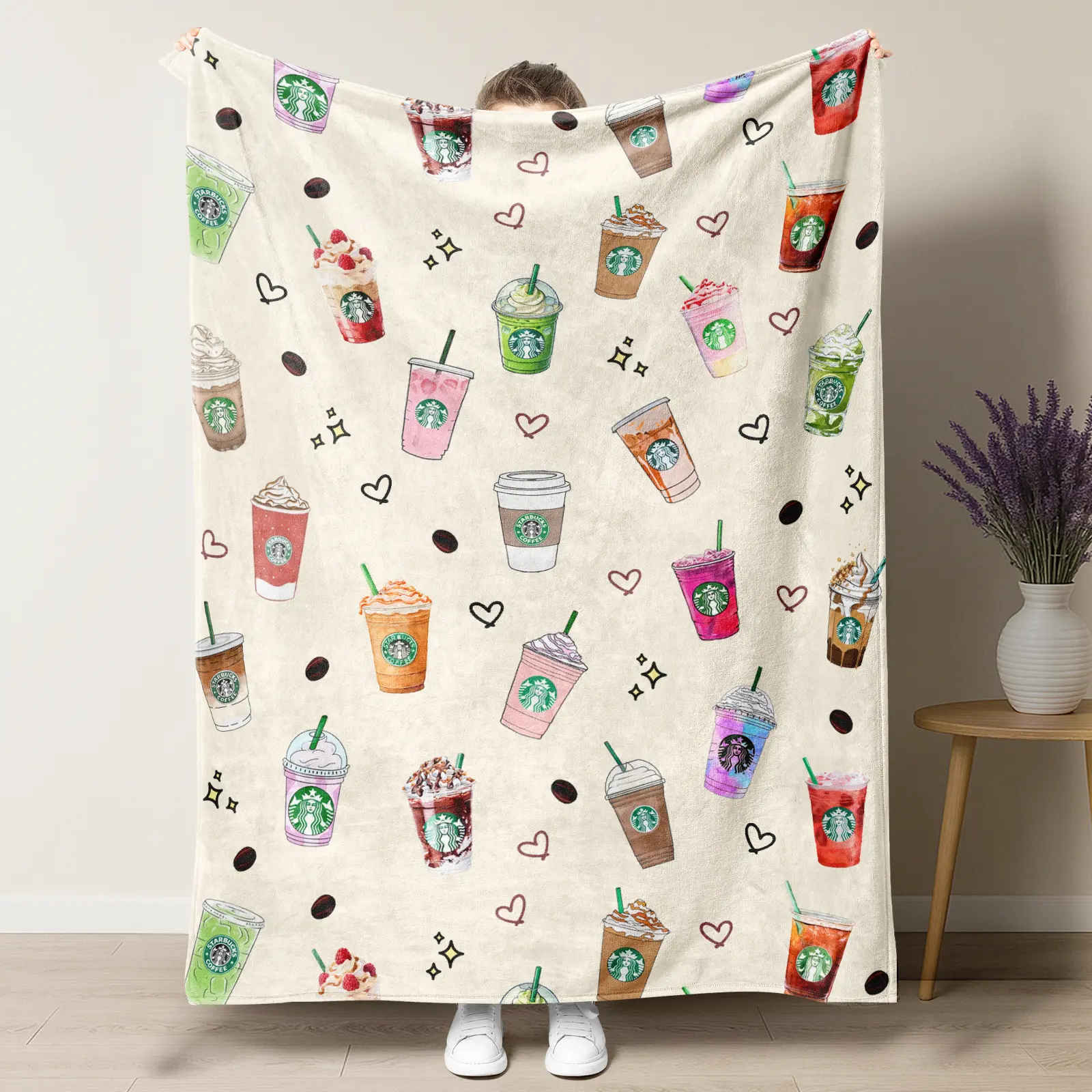 Starbucks Watercolor Coffee Drinks Flannel Blanket,Cute Iced Coffee & Latte Print Cozy Velvet Throw for Couch Bed,Aesthetic Gift for Coffee Lovers