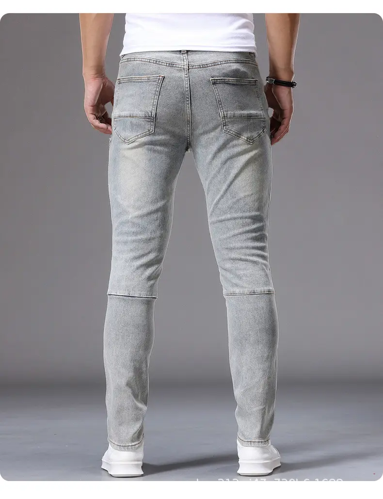 [Y241] Men Biker Slim Straight Jeans Zipper Pocket Patchwork Stitching Distressed Denim Pants