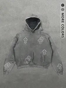 Unisex Vintage Washed Cross Print Hoodie, Oversized Loose Fit Geometric Decoration, Warm Fleece Lined Street Style