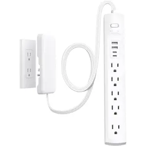 Flat Plug Power Strip 3ft, Outlet Cover Extension Cord with 5 Outlets and 4 USB Ports, 1440J Surge Protector, 10A/1250W, White Flat Wall Plug Extension Cord Ideal for  Office Furniture