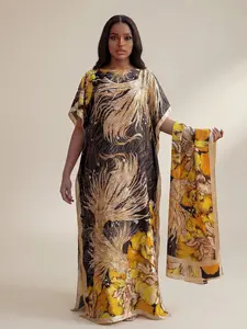 Women's Goldfish Pattern Robe Set, Casual Long Dress + Headscarf Scarf Hairband, Beach Sun Protection Satin Silk Shawl, Bohemian Sun Dress
