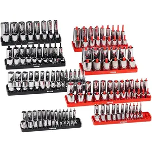 Father's Day Gift VEVOR Socket Organizer Set, 8PCS High-Rod Socket Holder, 1/4'', 3/8'' & 1/2'' Metric SAE Socket Trays with Clear Labels, Hold up to 176PCS Standard & Deep Sockets, Black & Red (Socket Not Included)