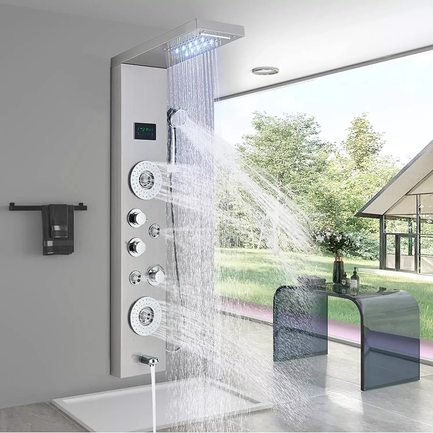 Stainless Steel Shower Panel Tower System,LED Rainfall Waterfall Shower Head 5-Function Faucet Rain Massage System with Body Jets, Brushed Nickel