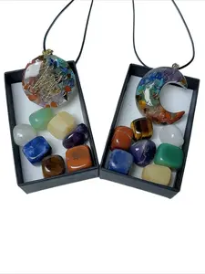 8-Piece Set: 7 Rainbow Crystal Chips & Moon/Pentagram Charm | for Manifestation, Gift, Crystal Necklace