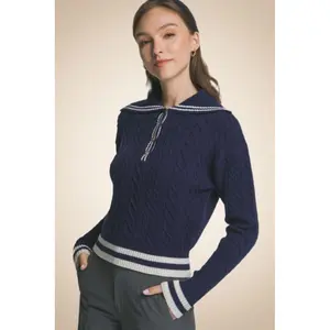 Navy Blue Sweater with Sailor Collar and Contrast Details