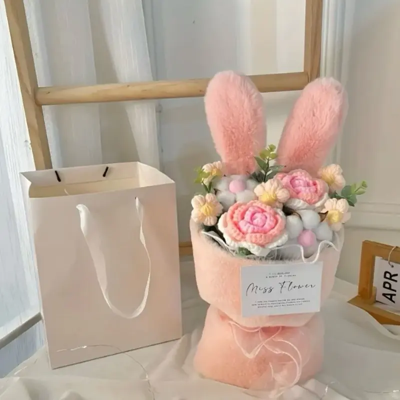Rabbit Knitting Flowers Bouquet with Pink Bunny Ears, Floral Arrangement & Includes Paper Bag