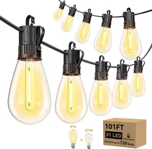 101FT Waterproof Outdoor String LED Fairy Lights - 31 Shatterproof S14 Vintage Edison Bulbs, Commercial Grade Hanging Lights for Porch, Garden, Cafe Bistro, Fairy Light Outdoor