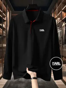 Men's Solid Color Long Sleeve Polo Shirt, High-End Fashion Fabric, Casual Sports Leisure Wear, All Seasons, Karl Lagerfeld Print