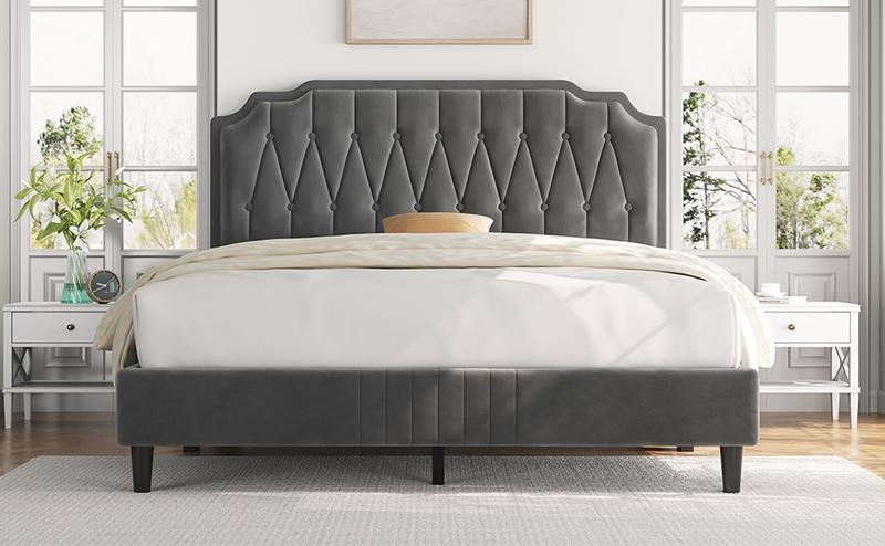 Yaheetech Queen Bed Frame Velvet Upholstered Platform Bed with Curved Headboard, Height-Adjustable Headboard/Noise-Free/Wooden Slats Support/No Box Spring Needed/Easy Assembly