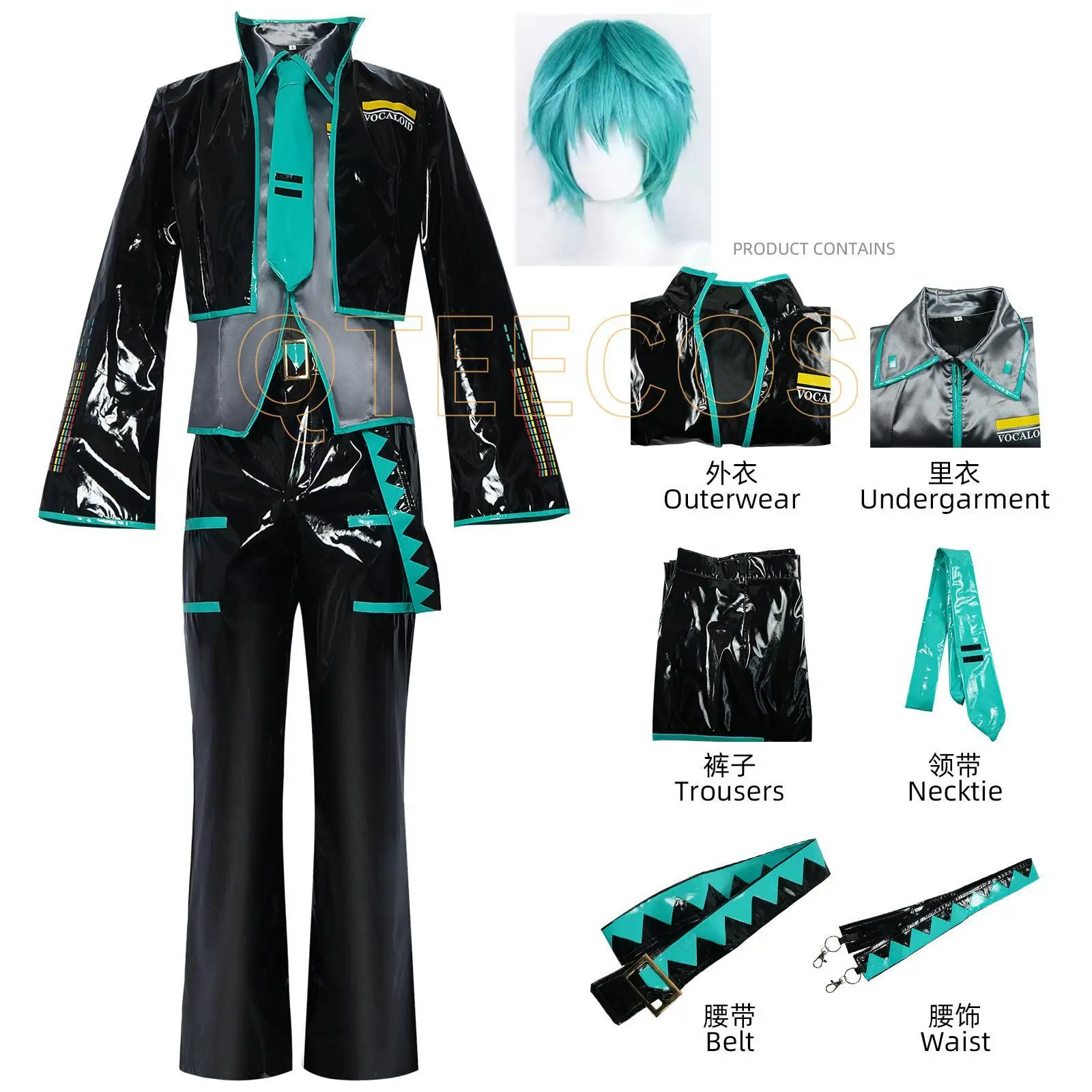 Mikuo Male Miku Cosplay Costume Uniform Wig Anime Clothes Black PU Leather Jacket Pants Fancy Halloween Party Outfit Women Men