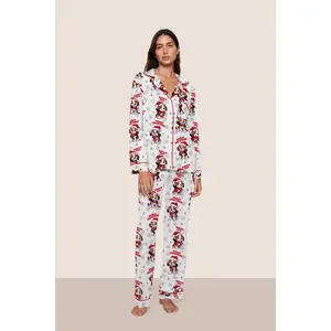 Christmas Style Cute Beagle Printed Long Sleeve & Long Pants Pajama Set for Women, Autumn & Winter Comfortable Loungewear, Full-Print Festive Design, Loose Casual Homewear Two-Piece Set