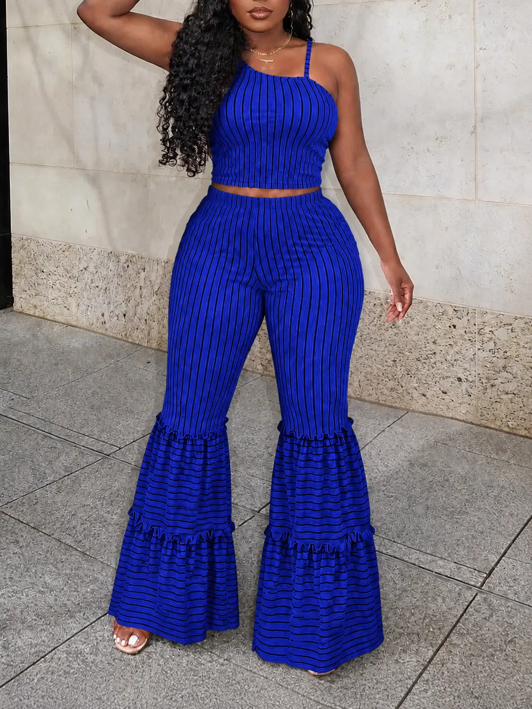 Women Casual Two Piece Set Striped Spaghetti Strap Crop Top High Waisted Ruffle Flare Pants Set Summer Vacation Beach Going Out Outfit Lounge Set, Women's Clothes, Outfits