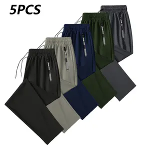 Men's Stretch Ice Cool Fiber Fabric Jogger Pants, Summer Breathable Quick-Dry Casual Sports Straight-Leg Trousers with Drawstring Waistband and Letter Pattern Zipper Side Pockets, Suitable for Golf, Fishing, Basketball, Camping, Gym, Beach Running