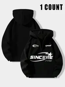Men's Letter Print Knit Drop Shoulder Long Sleeve Zip Up Hoodie, Fashion Casual Regular Fit Hooded Sweatshirt for Daily Holiday Outdoor Wear, Men Clothes for Fall & Winter, Fitted, Knitted Hoodie