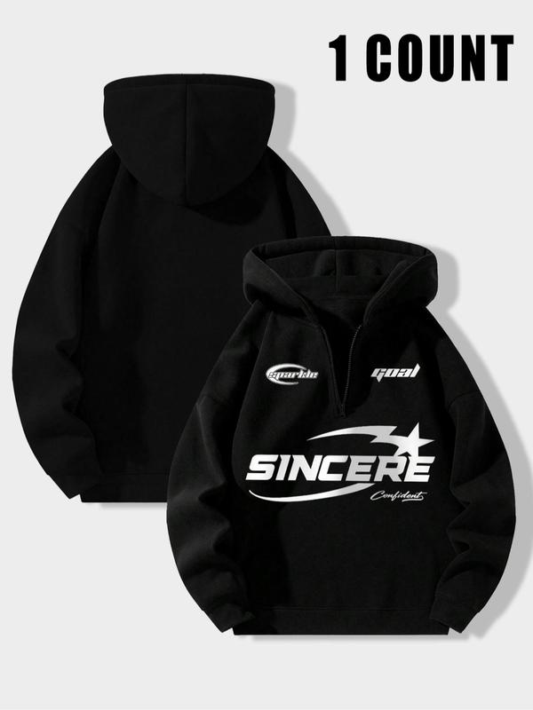 Men's Letter Print Drop Shoulder Zip Up Hoodie, Fashion Casual Regular Fit Hooded Sweatshirt for Daily Holiday Outdoor Wear, Men Clothes for Fall & Winter