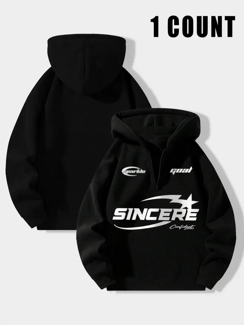 Men's Letter Print Drop Shoulder Zip Up Hoodie, Fashion Casual Regular Fit Hooded Sweatshirt for Daily Holiday Outdoor Wear, Men Clothes for Fall & Winter