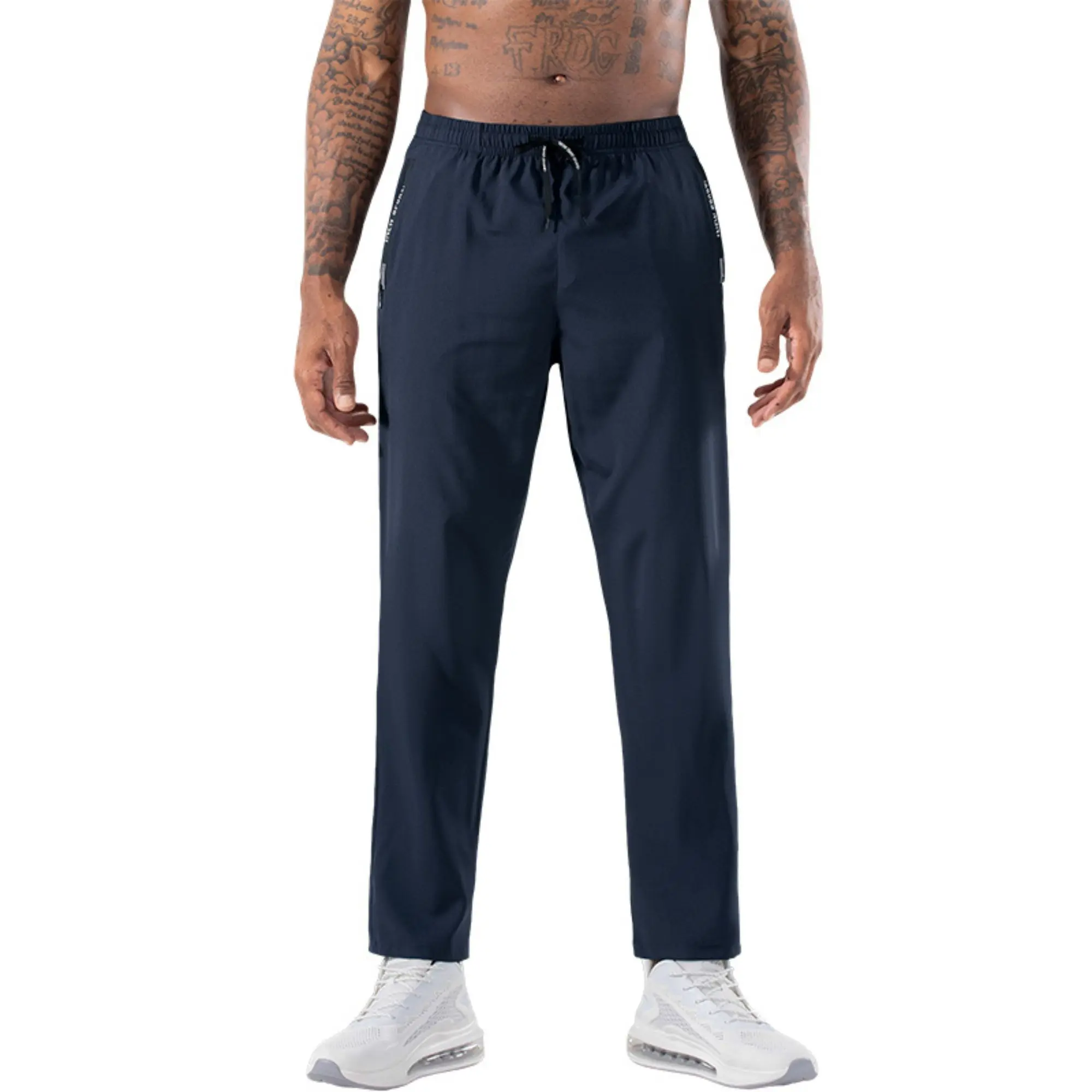 Men’s lightweight quick-dry straight-leg athletic pants with elastic waistband, drawstring, zippered pockets—ideal for outdoor running, fitness, and casual wear.