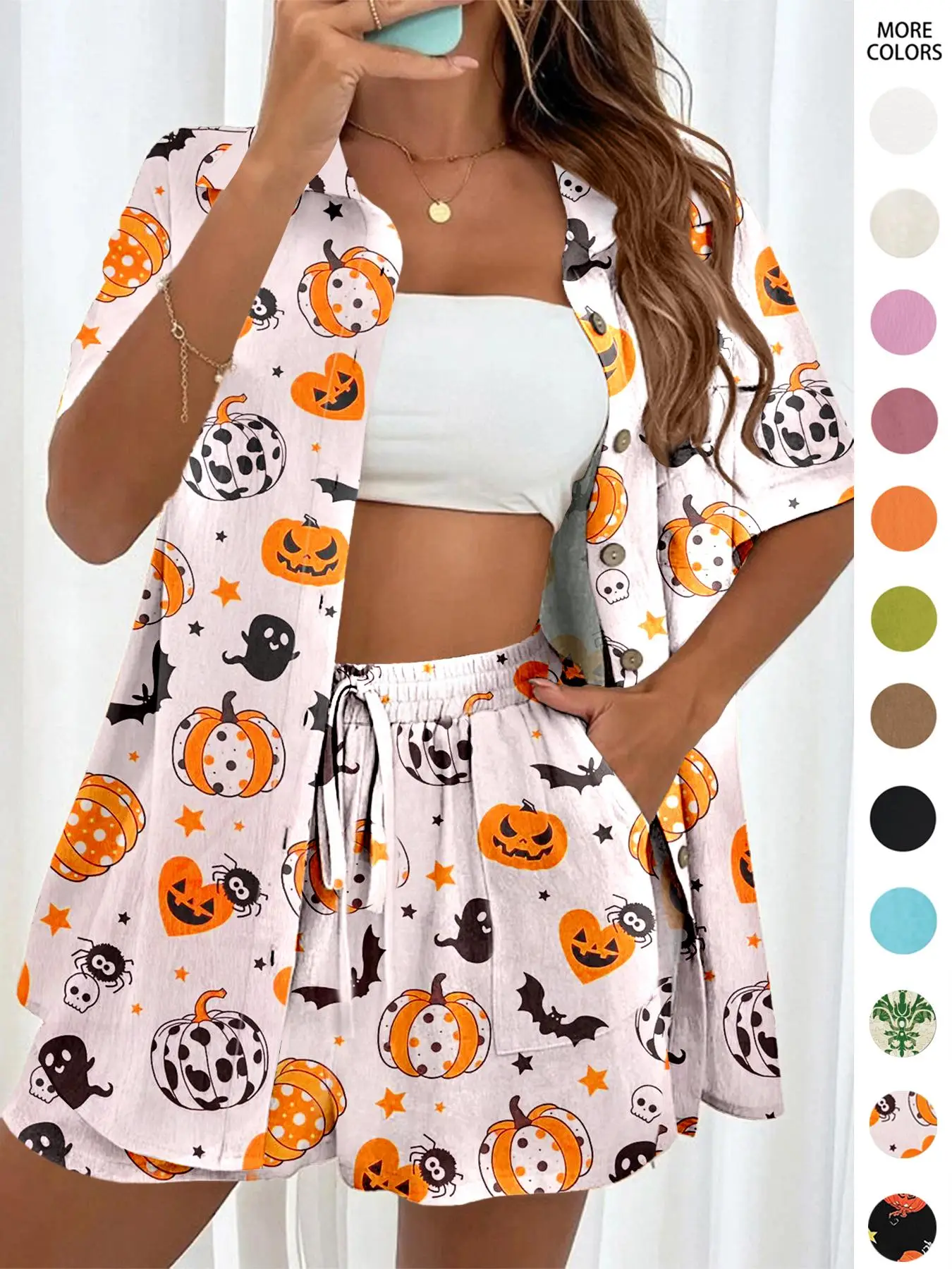 Two-piece Set Women's Solid Button Front Shirt & Drawstring Waist Shorts Two Piece Set, Casual Short Sleeve Top & High Waist Shorts Matching Sets, Sum