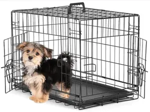 Small Dog Crate with Divider Panel,24 Inch Double Door Folding Metal Wire Dog Cage with Plastic Leak-Proof Pan Tray, Pet Kennel for Indoor, Outdoor, Travel