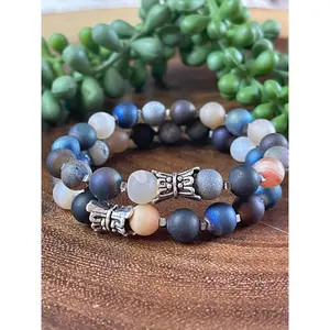 Blue Druzy Bracelet Set with Unique Bead Design and Decorative Elements