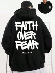 Faith Over Fear Double Print Hoodie, 270G Brushed Fleece Graffiti Letter Psalms 118 Christian Hooded Sweatshirt, Religious Inspirational Urban Streetwear Pullover For Men Women