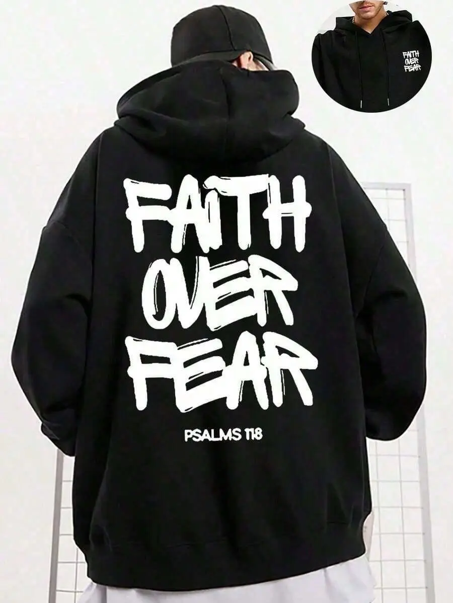 Faith Over Fear Double Print Hoodie, 270G Brushed Fleece Graffiti Letter Psalms 118 Christian Hooded Sweatshirt, Religious Inspirational Urban Streetwear Pullover For Men Women
