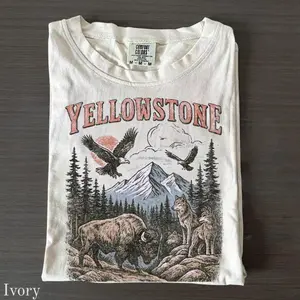 Comfort Colors Yellowstone National Park Vintage 90s Stlye T-Shirt, Wildlife Graphic Tee with Bison Wolves Eagles, 90s Hiking Nature Shirt