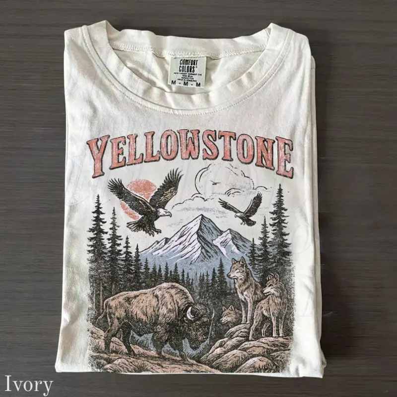 Comfort Colors Yellowstone National Park Vintage 90s Stlye T-Shirt, Wildlife Graphic Tee with Bison Wolves Eagles, 90s Hiking Nature Shirt