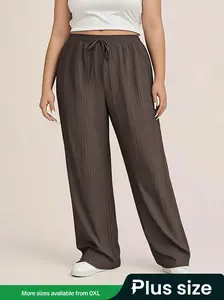 Plus Size Women's Solid Color Elastic Waist Stripe Straight Wide Leg Pants, Comfortable and Stylish Casual Trousers for Any Occasion, Casual Fashion Trousers