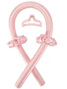 Heatless Curling Rod Headband - No Heat Silk Ribbon Hair Curlers for Overnight Soft Waves - Pink DIY Hair Rollers with Claw Clip