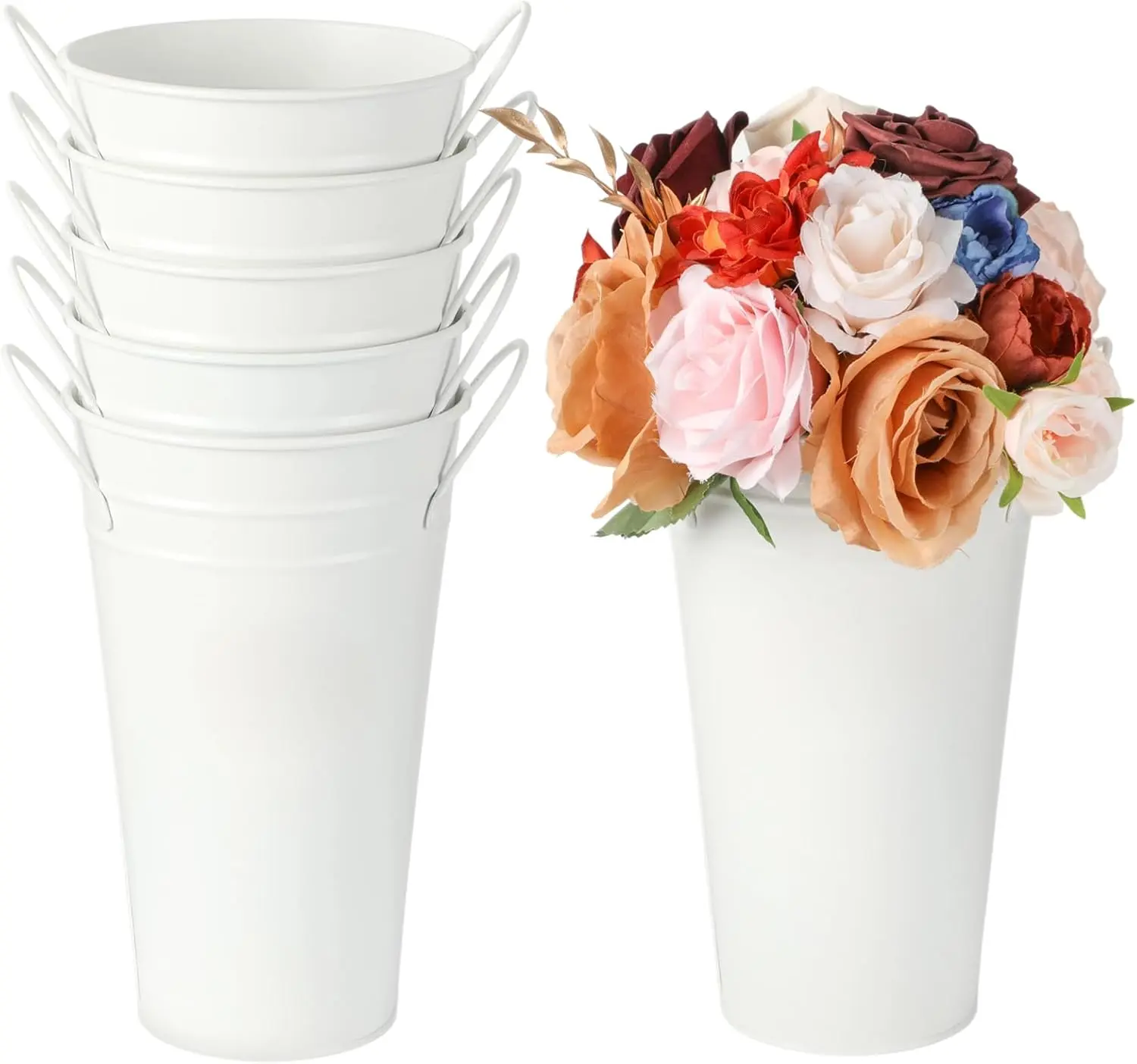 6 count White Flower Buckets, Galvanized Metal Vases,9.8 Inches Flower Vase with Handles,  Flower BucketRustic Farmhouse Vases for Home Decor Wedding Table Centerpiece
