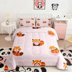 Cute Red Panda Comforter Set,Kids Girls Bedroom,Pink Heart Animal Bedding Set,Cartoon Brown Panda Quilt Duvet, Kawaii Star Decor Bedspread