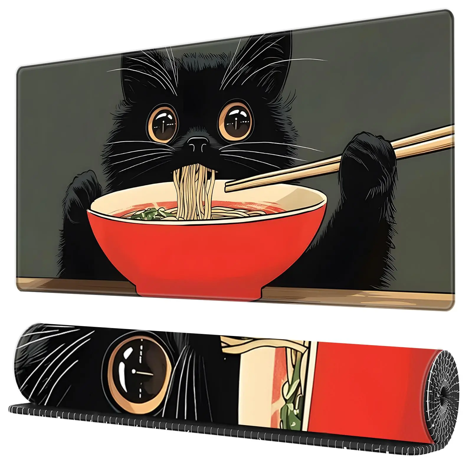 BHJLAXR Cat Eating Noodles Pattern Mouse Pad, Non Slip Mousepad, Mouse Pads for Desk, Cute Black Cat Eating Ramen Desk Pad, Office Desk Decor, Desk Accessory for Cat Lovers, Desktop Accessory