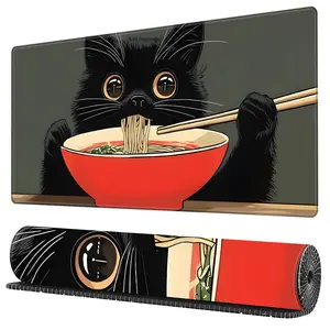 BHJLAXR Cat Eating Noodles Pattern Mouse Pad, Non Slip Mousepad, Cute Black Cat Eating Ramen Desk Pad, Office Desk Decor, Desk Accessory for Cat Lovers