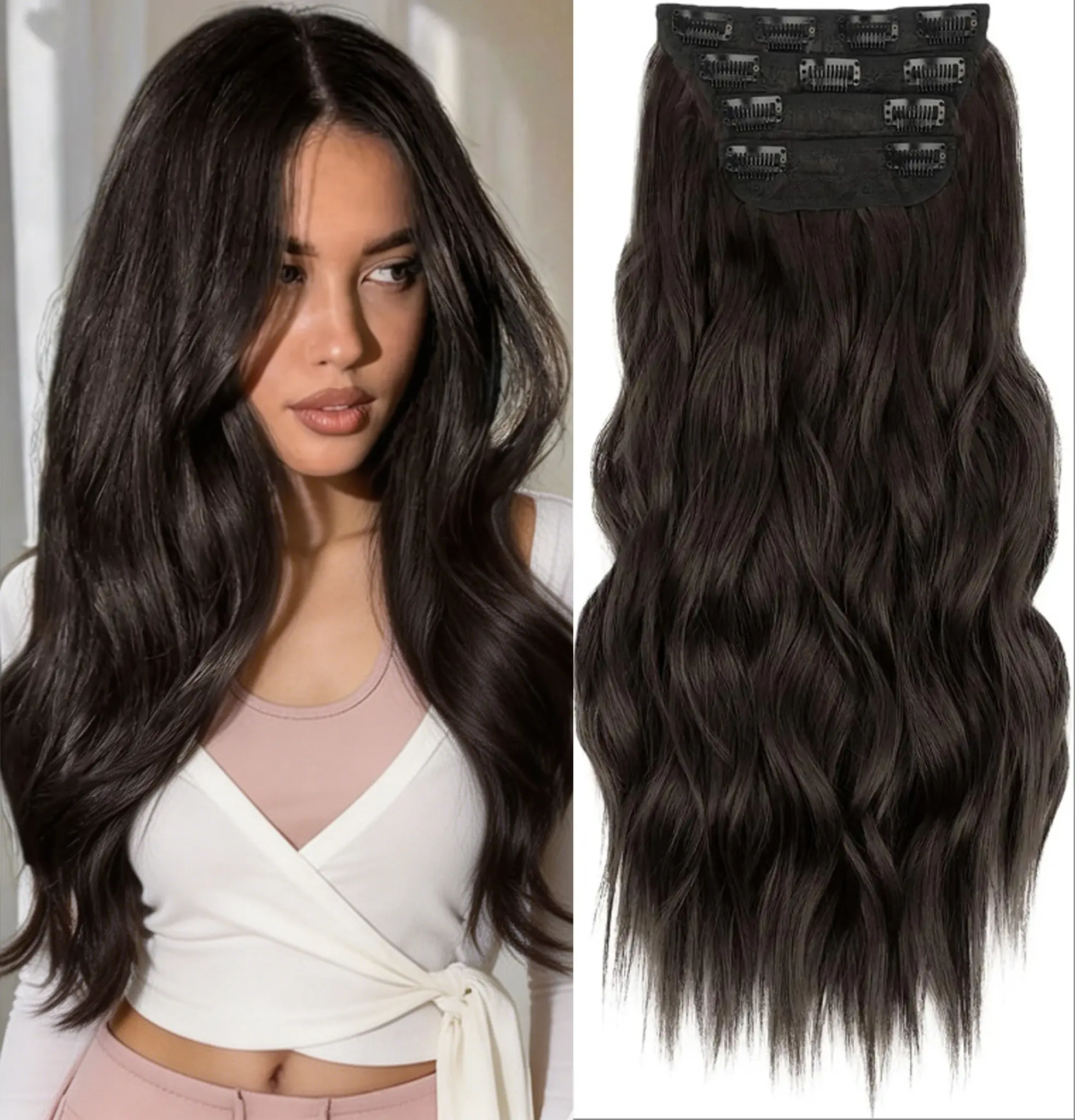 Women's Natural Soft Glueless Wavy Synthetic Clip-In Hair Extensions - Seamless Lightweight Fit, Invisible Clips, Instant Length 16/20/24 In Set, Clip-Ins, Everyday Wear