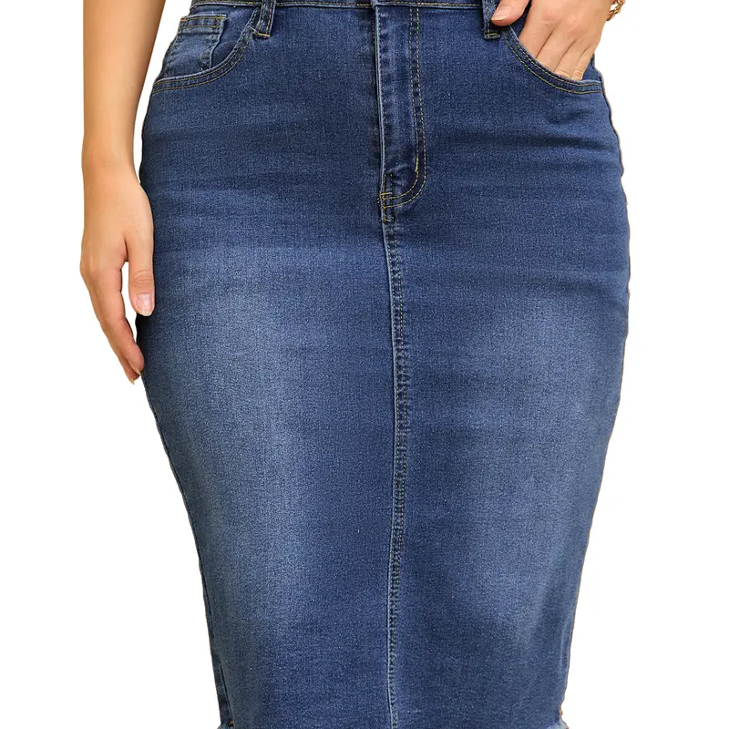 INSPIRE CHIC Women's Denim Skirt Raw Hem High Waisted Pockets Stretch Knee Length Jean Skirts