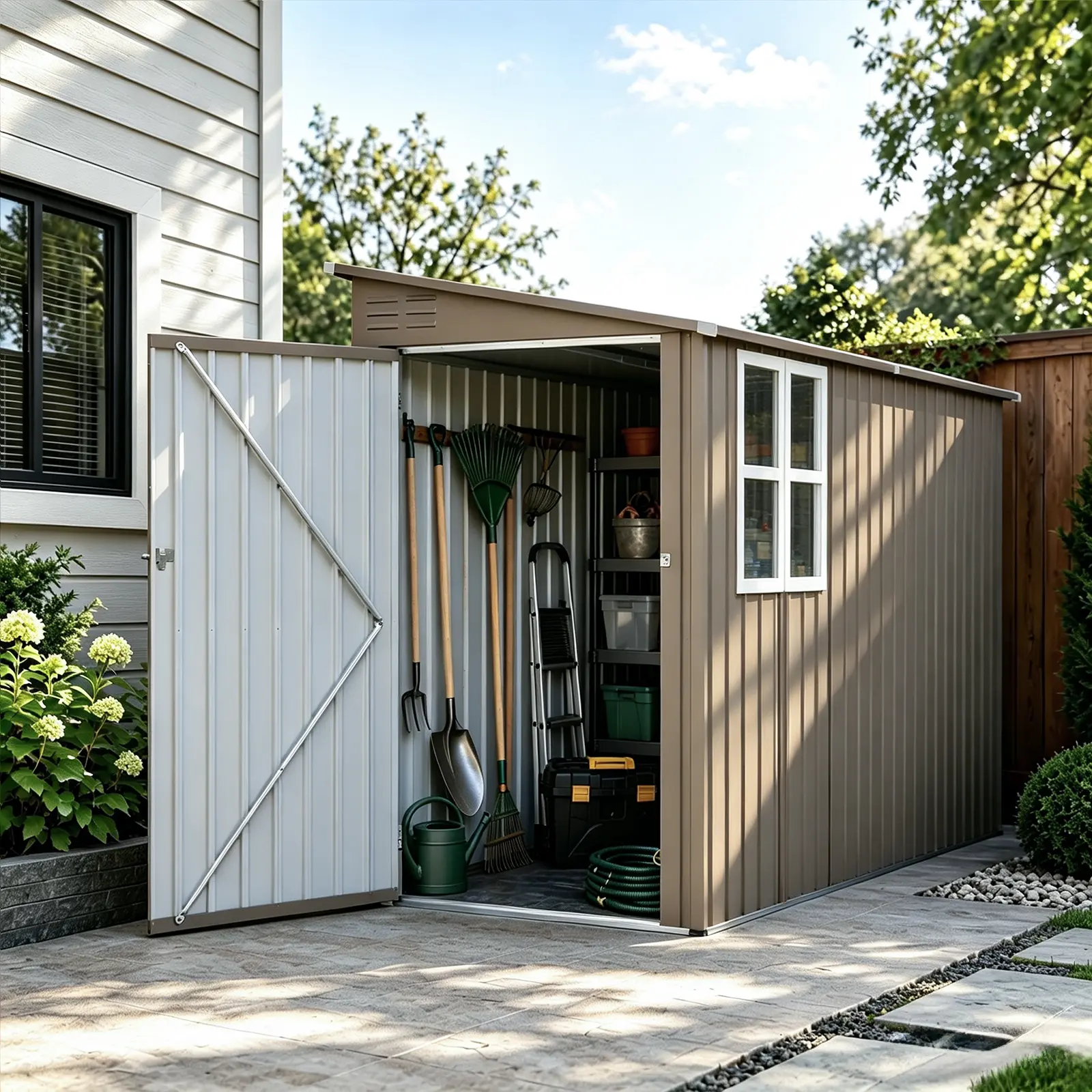 Outdoor Metal Storage Shed with Light-Transmitting Window, Galvanized Steel Frame, Olive Grey, 4x9 FT for Backyard Garden Equipment