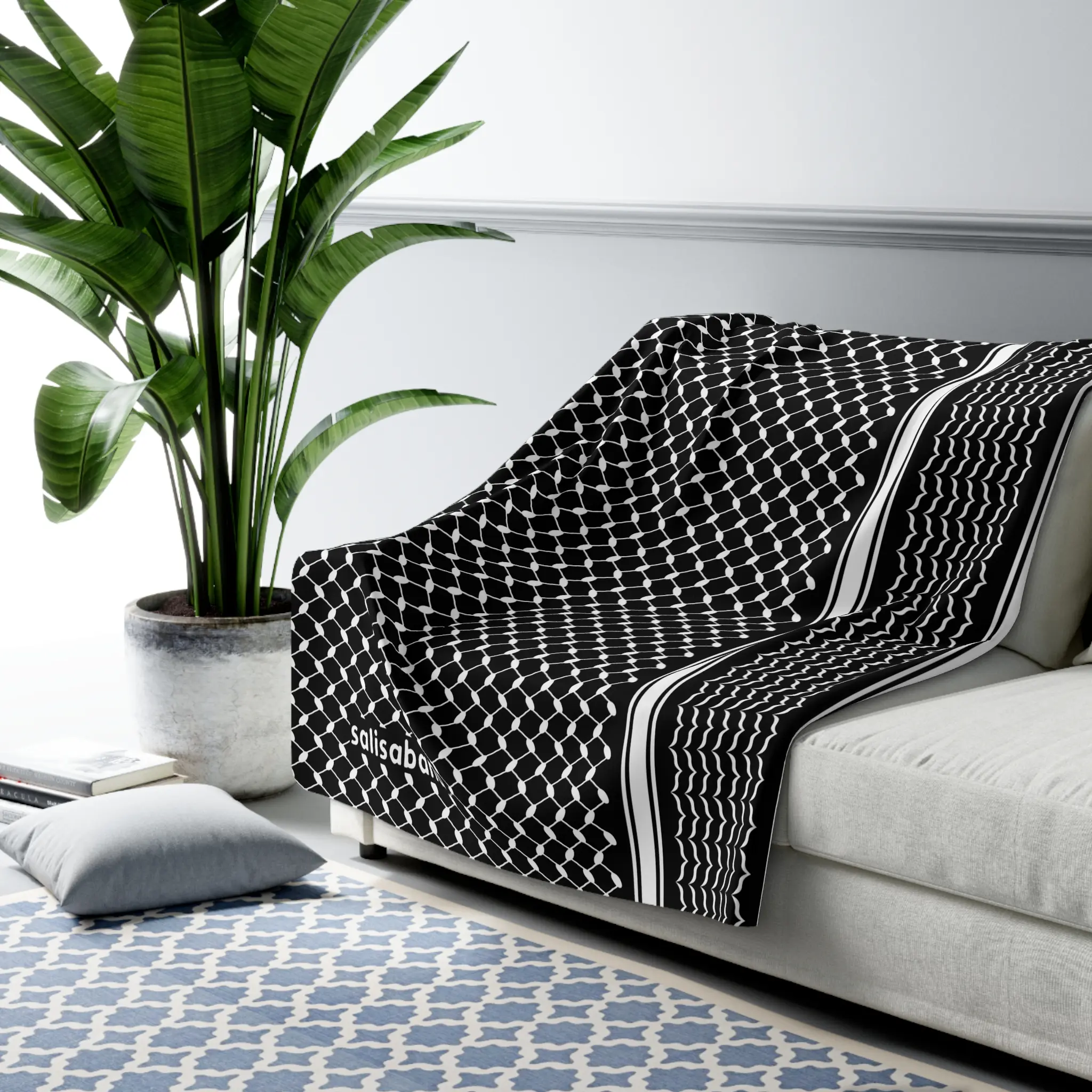 Palestinian Keffiyeh Sherpa Blanket, Free Palestine Inverse Keffiyeh Soft Fleece Throw Blanket for Couch