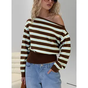 Zinia Off Shoulder Knit Sweater Brown / Blue Stripe