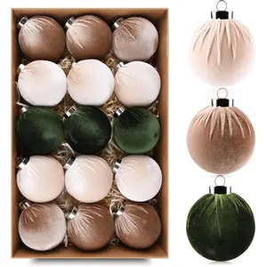 Christmas Tree Ornaments Velvet Balls Pack of 15pcs Shatterproof Xmas Bulbs Decorations Set Multicolor Green Brown Neutral 80mm 3.15 inch