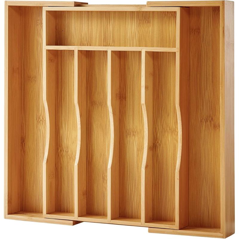 [New Deal] Bamboo Expandable Kitchen Drawer Organizer for Cutlery and Utensils, Adjustable Bamboo Wood Tray for Flatware and Silverware in Kitchen