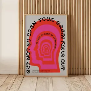 Open Mind Poster – Retro Psychedelic Typography Art, Pink Head Silhouette Print, Modern Wisdom Wall Art.