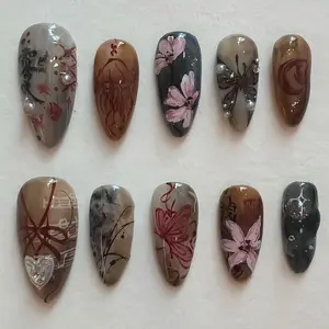 10 Pcs Hand-Painted Watercolor Almond Shape Nails, Vintage Floral Butterfly Design with Pearls and 3D Hearts, Glossy False Nails for All Women