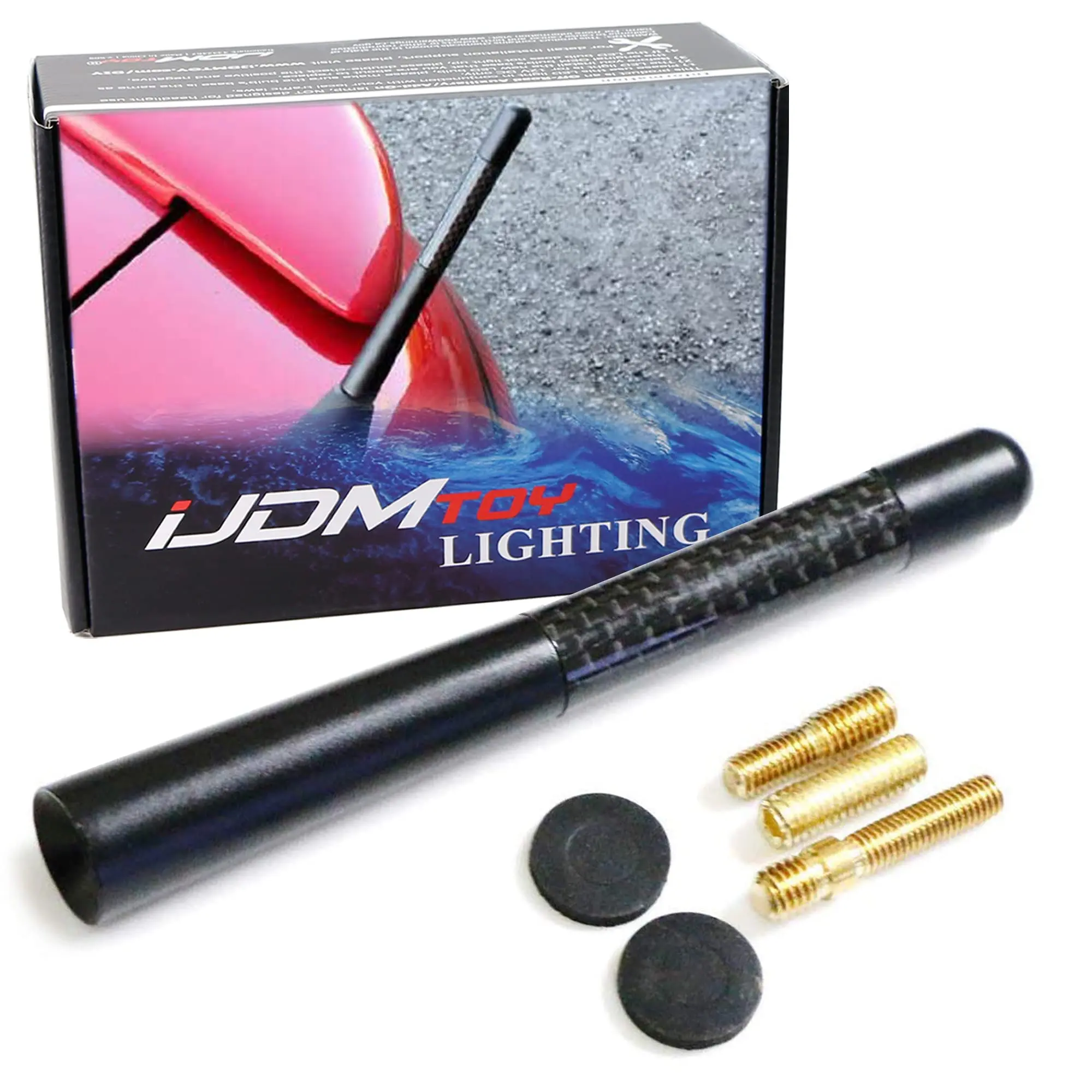 iJDMTOY Universal Fit 5-Inch 13mm Glossy Black Real Carbon Fiber Short Aluminum Antenna Topper For Car SUV Truck